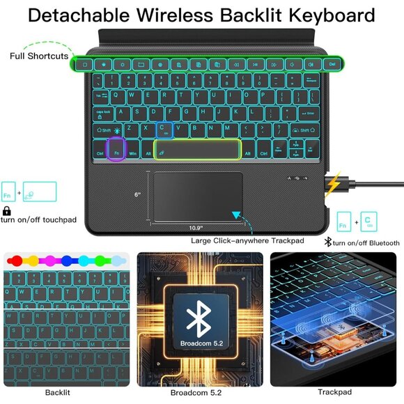 Backlit Keyboard Case with Trackpad for S9 FE+ S9 FE Plus S9 Plus/S9+ 12.4" 2023 - Picture 4 of 7
